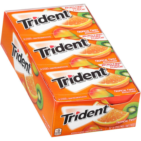 Trident Tropical Twist Sugar Free Gum, 14 count per pack -- 144 per case.