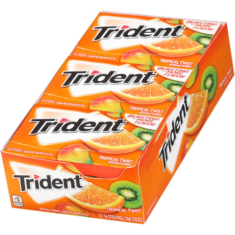 Trident Tropical Twist Sugar Free Gum, 14 count per pack -- 144 per case.