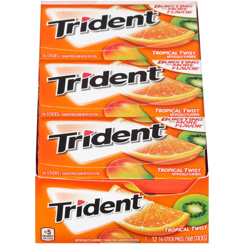 Trident Tropical Twist Sugar Free Gum, 14 count per pack -- 144 per case.