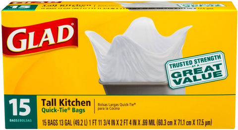 Glad Quick Tie Tall Kitchen Trash Bag, 13 Gallon - 15 per pack -- 12 packs per case.
