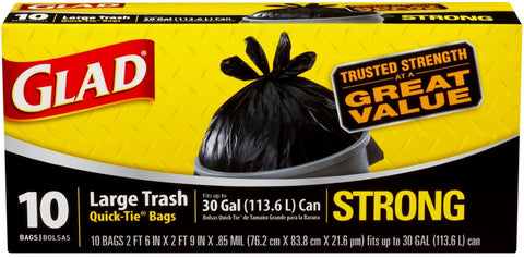Glad Quick Tie Trash Bag, 30 Gallon - 10 per pack -- 12 packs per case.