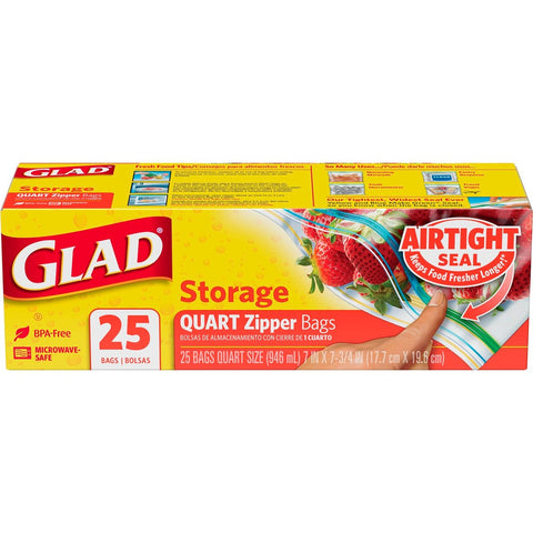 Clorox Glad Zipper Food Storage Bag Quart - 25 per pack -- 12 packs per case.
