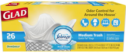 Glad OdorShield Medium Trash Fresh Clean Quick Tie Bag, 26 count per pack -- 6 per case