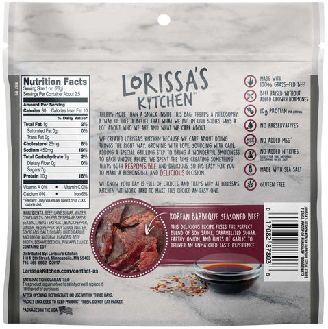 Lorissas Kitchen Korean Bbq Seasoned and Smoked Premium Beef Steak Strips, 2.25 Ounce -- 8 per case.