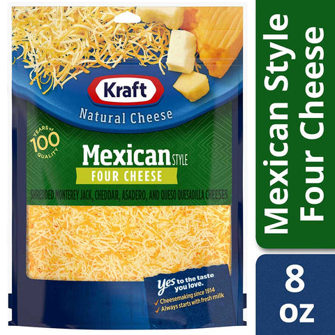Kraft Finely Shredded Mexican Style Four Cheese, 8 Ounce -- 12 per case.