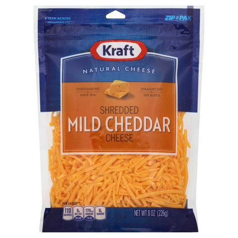 Kraft Zip Pak Shredded Mild Cheddar Cheese, 8 Ounce -- 12 per case.
