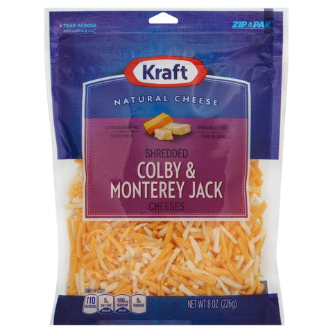Kraft Zip Pak Shredded Colby and Monterey Jack Cheese, 8 Ounce -- 12 per case.