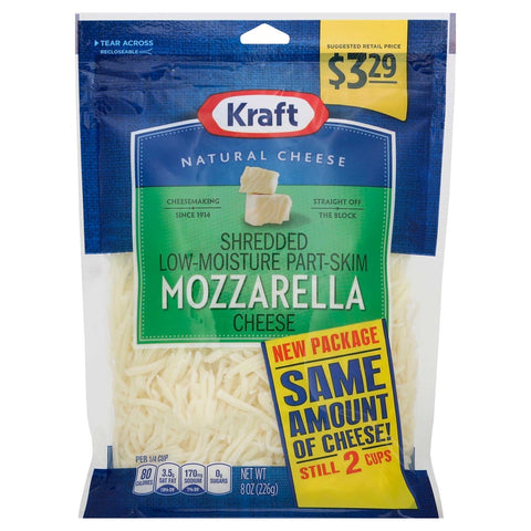 Kraft Shredded Mozzarella Cheese, 8 Ounce -- 12 per case.