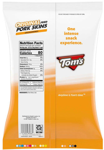Toms Fried Pork Skins Original Flavor Chicharrones, 3.25 Ounce -- 12 per case
