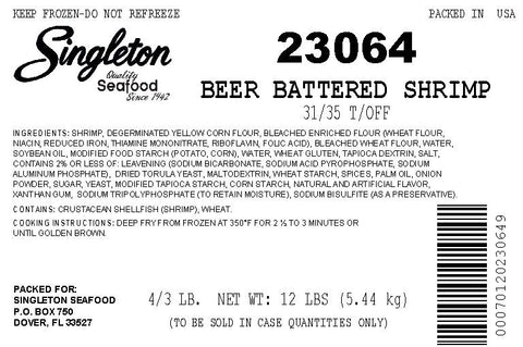 Singleton Seafood Beer Battered Shrimp, 3 Pound -- 4 per case