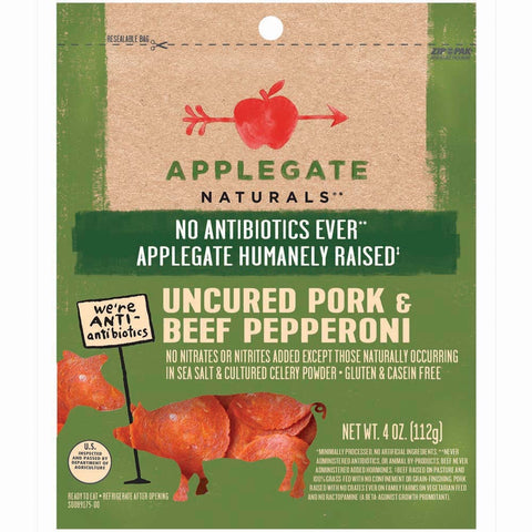 Applegate Natural Uncured Pork and Beef Pepperoni, 4 Ounce -- 16 per case.