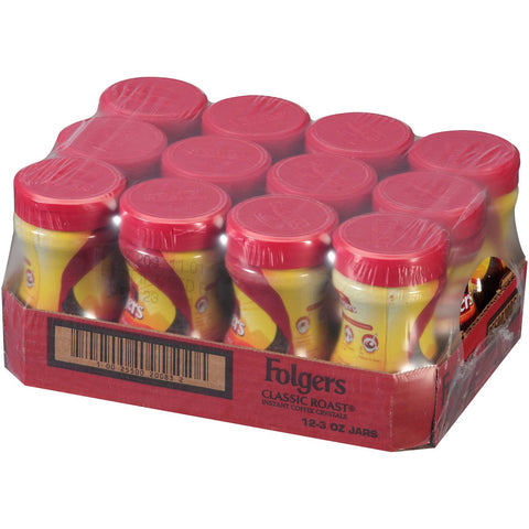 Folgers Classic Roast Regular Instant Coffee, 3 Ounce Plastic Jar -- 12 per case.