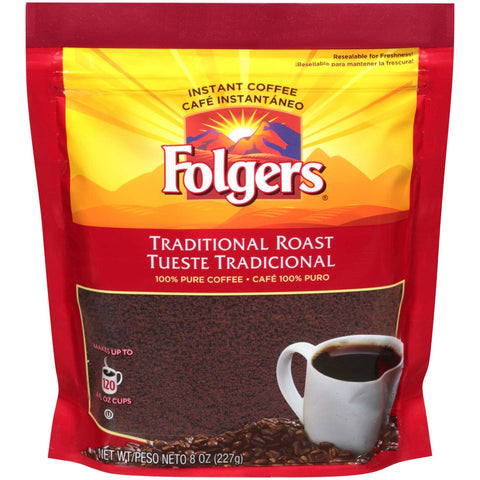 Folgers Traditional Roast Instant Coffee, 8 Ounce -- 18 per case.