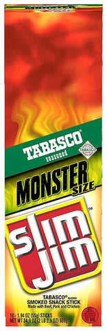 Slim Jim Monster Tabasco Stick - 18 count per box -- 6 boxes per case
