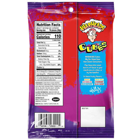 Warheads Cubes Sour and Sweet Fruity Chewy Candy, 8 Ounce Peg Bag -- 12 per case