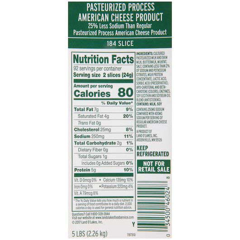 Land O Lakes Hilldale Reduced Sodium 184 Slice American Yellow Cheese, 5 Pound -- 6 per case