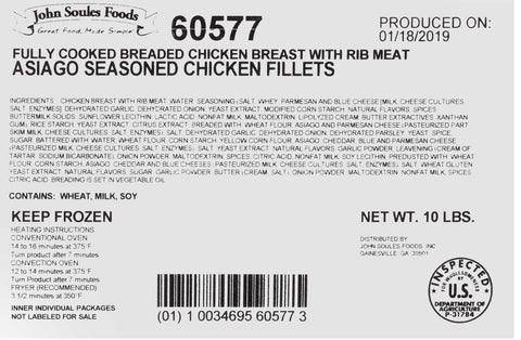 John Soules Foods Asiago Seasoned Fully Cooked Breaded Chicken Breast Fillets, 5 Pound -- 2 per case