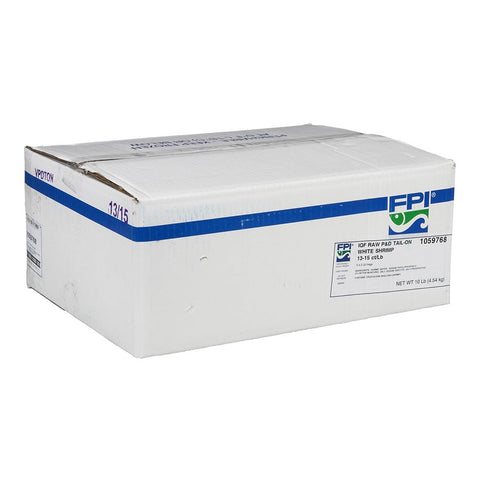 FPI Raw Peeled Deveined Tail-ON White Shrimp, IQF, 13 to 15 Count per Pound -- 5 per case.