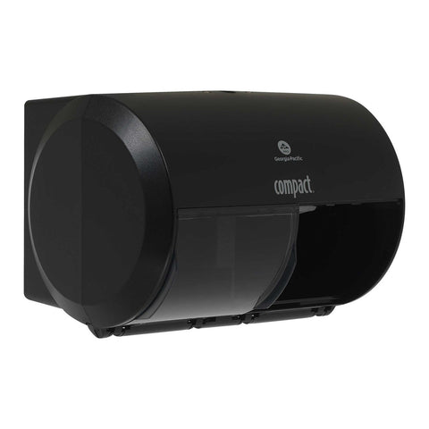 Georgia Pacific Compact Black Side By Side Double Roll Toilet Paper Dispenser.