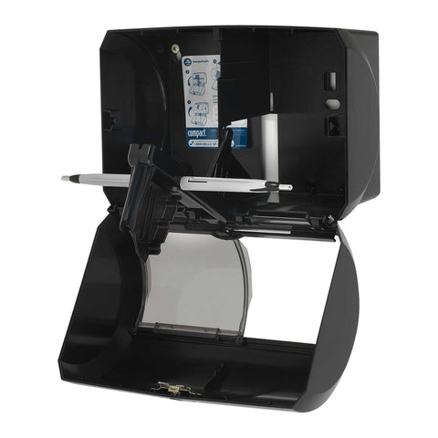 Georgia Pacific Compact Black Side By Side Double Roll Toilet Paper Dispenser.