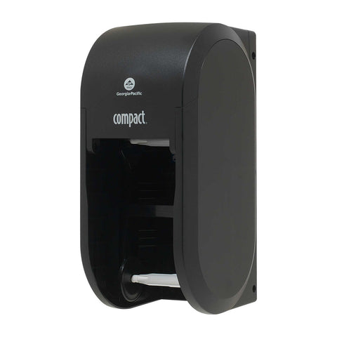 Georgia Pacific Compact Black Vertical Double Roll Toilet Paper Dispenser.