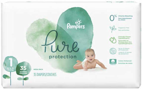 Pampers Size 1 Pure Protection Newborn Baby Diaper, 35 count per pack -- 4 per case.