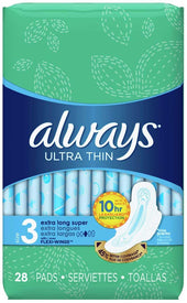 Always Ultra Thin Size 3 Extra Long Super Pad with Flexi Wings, 28 count per pack -- 6 per case.