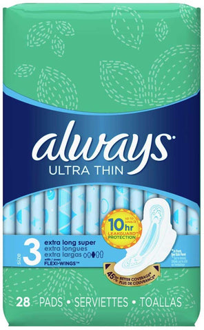 Always Ultra Thin Size 3 Extra Long Super Pad with Flexi Wings, 28 count per pack -- 6 per case.