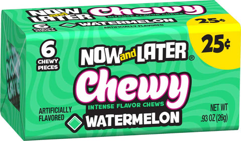 Now and Later Soft 6 Piece Intense Watermelon Chewy Candy, 0.93 Ounce -- 288 per case.