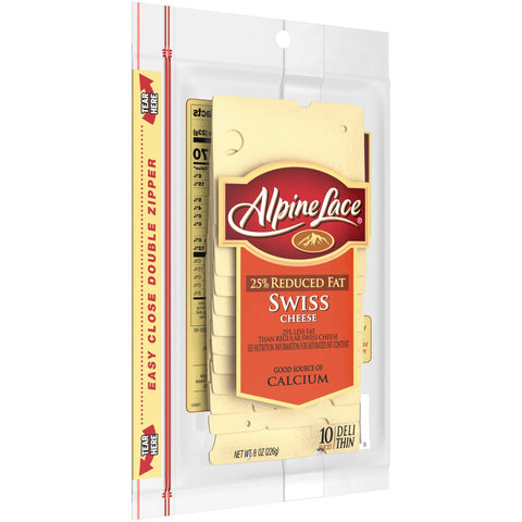 Alpine Lace Sliced 25% Reduced Fat Swiss Cheese, 8 Ounce -- 12 per case