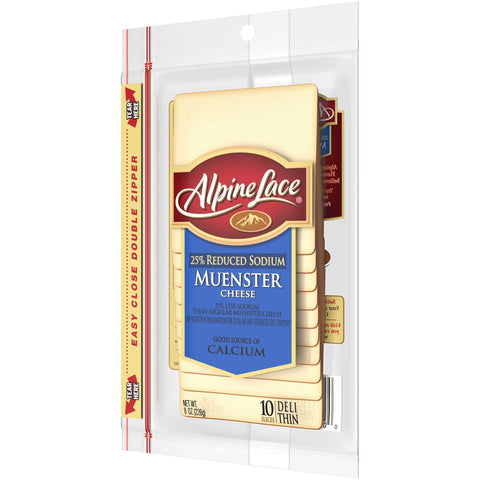 Alpine Lace Sliced 25% Reduced Sodium Muenster Cheese, 8 Ounce -- 12 per case