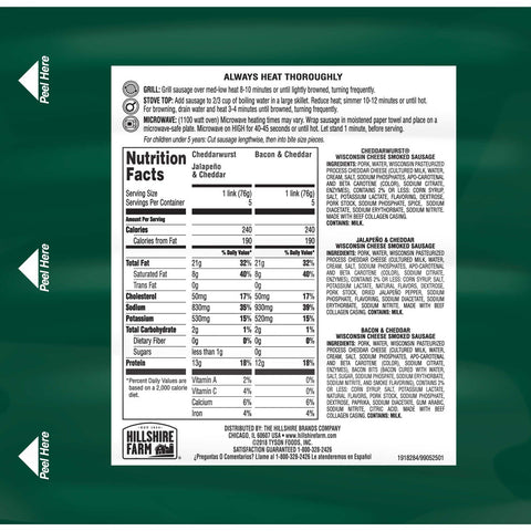 Hillshire Farm Cheddar Smoked Sausage Link, 13.5 Ounce -- 12 per case.