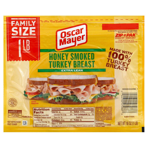 Oscar Mayer Turkey Breast and White Meat Honey Smoked, 1 Pound -- 9 per case.