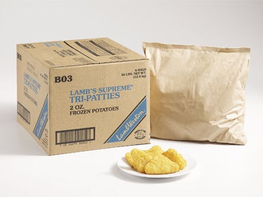 Lamb Weston Supreme Hash Browns and Formed Potato Tri Patty, 2 Ounce -- 6 per case.