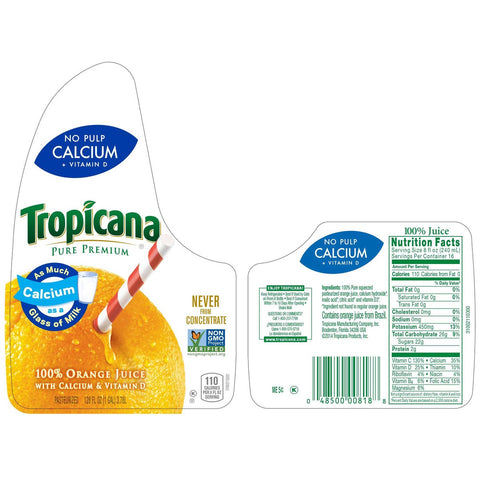 Tropicana Pure Premium Orginal 100 Percent Orange Juice, 128 Fluid Ounce -- 4 per case.