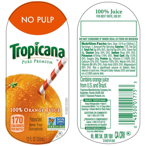 Pepsico Tropicana Pure Premium Original Orange Juice, 12 Ounce -- 12 per case.