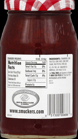 Smuckers Strawberry Preserves, 18 Ounce -- 12 per case.