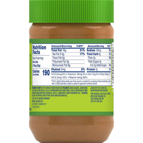 JIF Omega 3 Creamy Peanut Butter, 16 Ounce -- 12 per case.