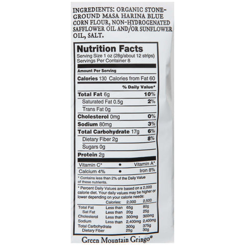 Green Mountain Gringo Organic Blue Tortilla Strips, 8 Ounce -- 12 per case.