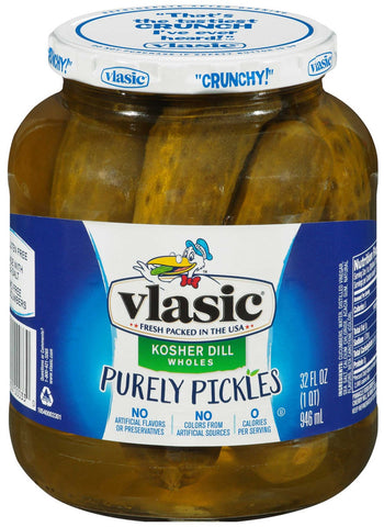 Vlasic Kosher Dill Large Whole Purely Pickles, 32 Fluid Ounce -- 6 per case.