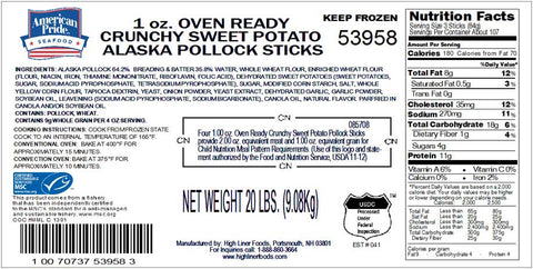 High Liner Foods Oven Ready Whole Grain Crunchy Sweet Potato Alaska Pollock Sticks, 10 Pound.