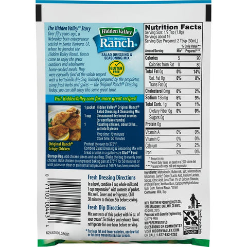 Hidden Valley Original Ranch Salad Dressing and Seasoning Mix, 1 Ounce -- 24 per case.