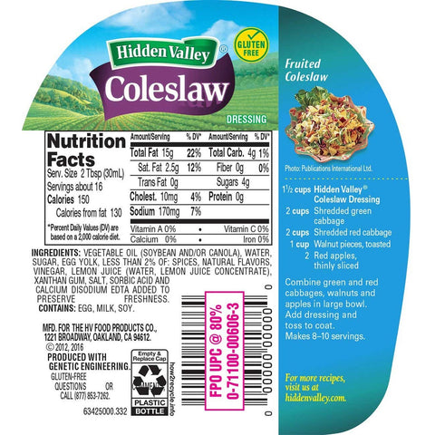 Hidden Valley Coleslaw Ranch Dressing, 16 Ounce -- 6 per case.