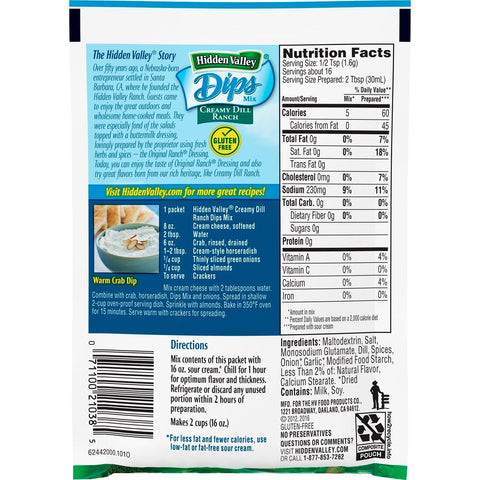 Hidden Valley Creamy Dill Ranch Dip Mix, 0.9 Ounce -- 24 per case.