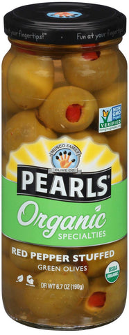 Pearls Organic Red Pepper Stuffed Green Olives, 6.7 Ounce -- 6 per case.