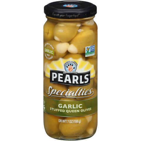 Pearls Garlic Stuffed Queen Olives, 7 Ounce -- 6 per case.
