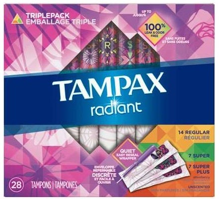 Tampax Radiant Mixed Unscented Tampons, 28 count per pack -- 6 per case