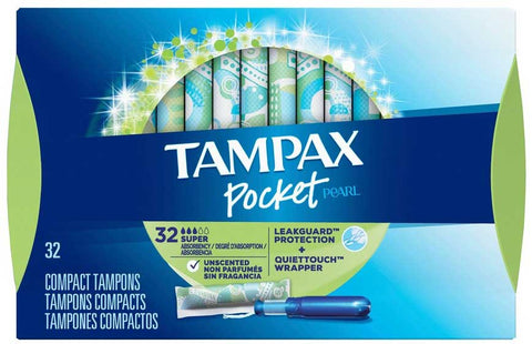 Tampax Pocket Pearl Super Tampons, 32 count per pack -- 12 per case.