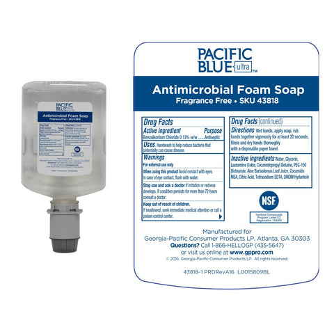 Georgia Pacific Blue Ultra Fragrance Free Antimicrobial Foam Soap, 1200 Milliliter -- 4 per case.
