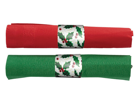 Hoffmaster Holly Tissue CaterWrap Clear Cutlery and Two 2 Ply Green and Red 15 x 17 inch Napkin with Band Kit -- 100 per case.